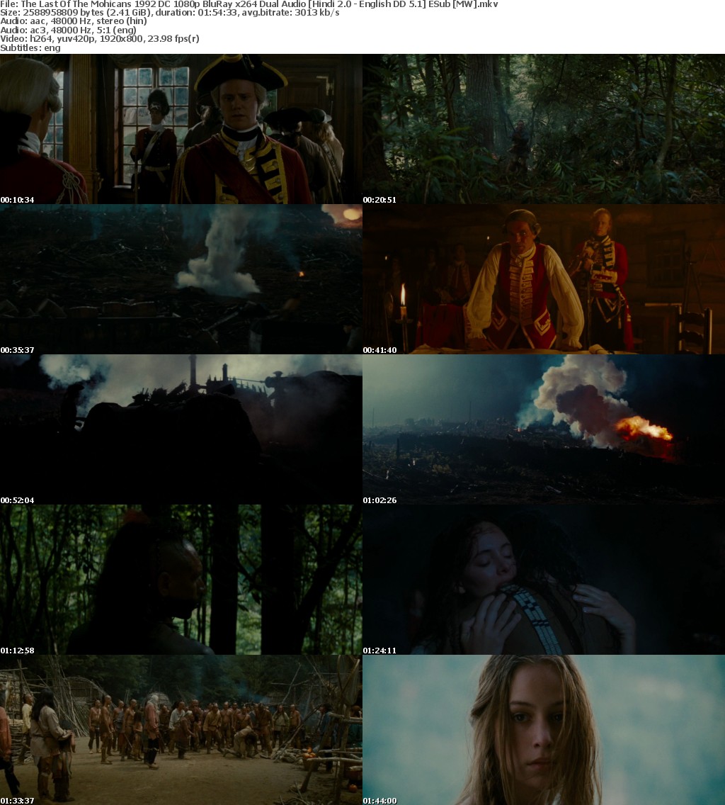 The Last Of The Mohicans (1992) DC 1080p BluRay x264 Dual Audio Hindi 2.0 - English DD 5.1 ESub MW